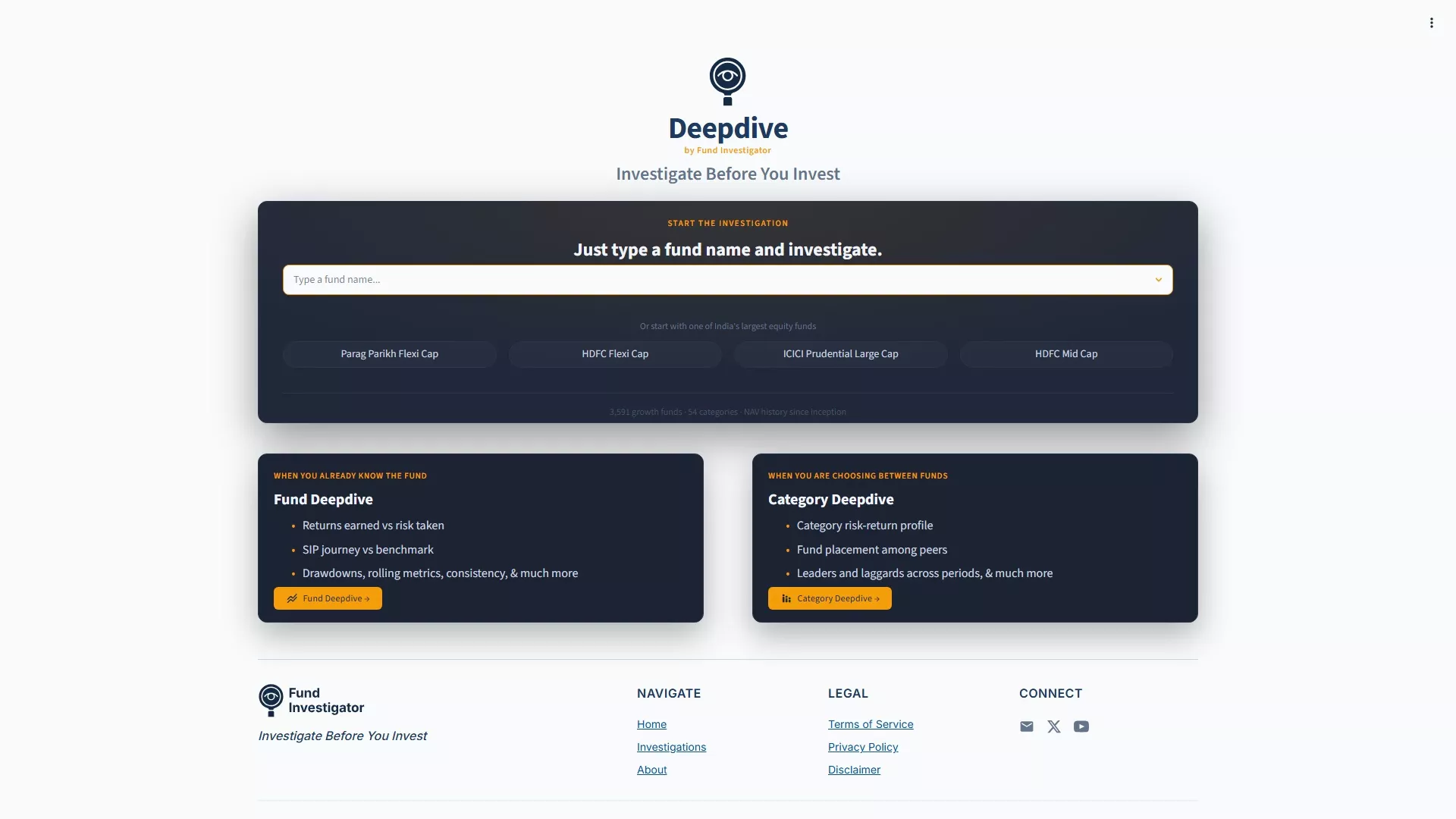 The Deepdive app home screen, where an investigation starts by typing a fund name.