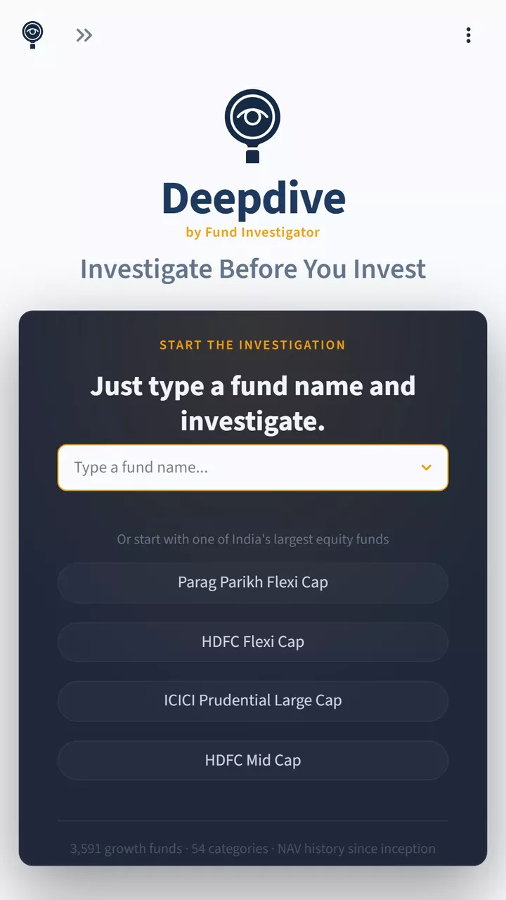 The Deepdive app home screen, where an investigation starts by typing a fund name.